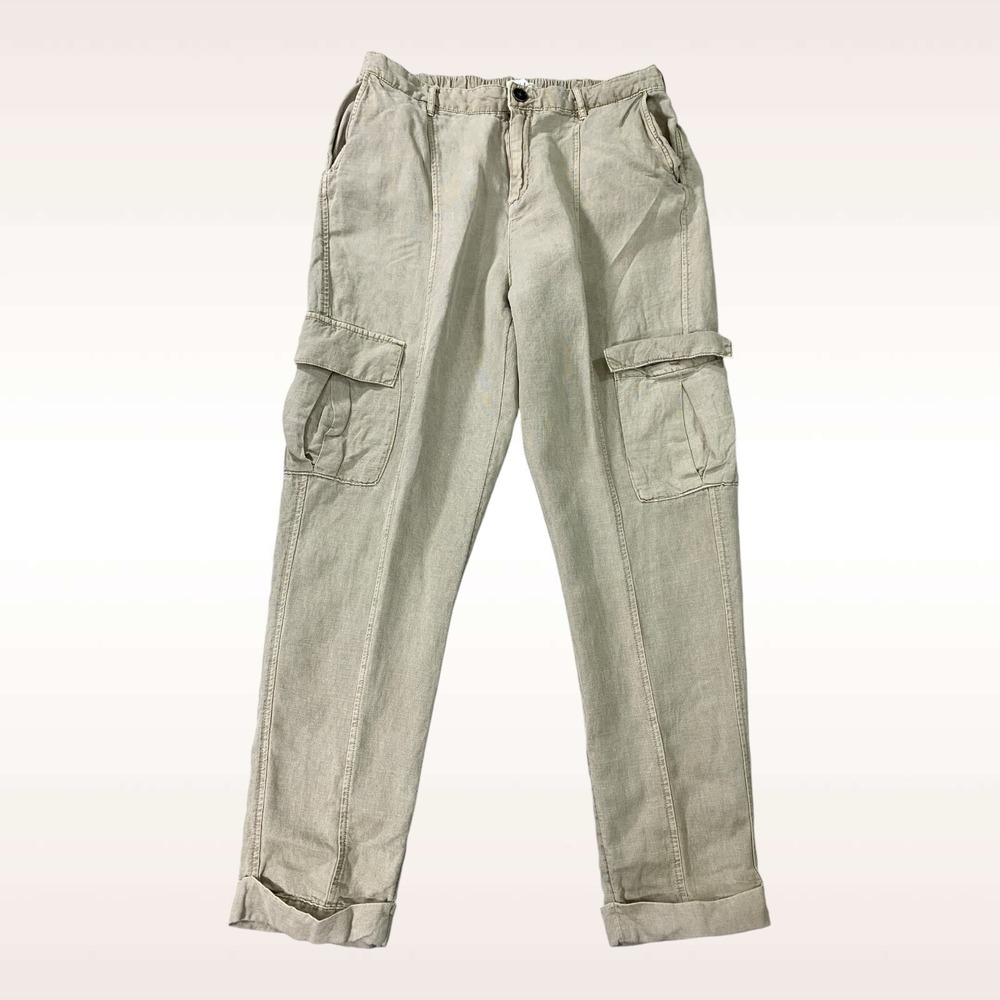 Nicole‎ Miller Pants Womens L Khaki Cargo Cuffed Linen Blend Coastal Beach